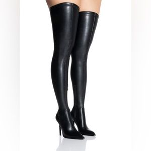 Azalea Wang Black Vegan Leather 4 Way Stretch Thigh High Boots